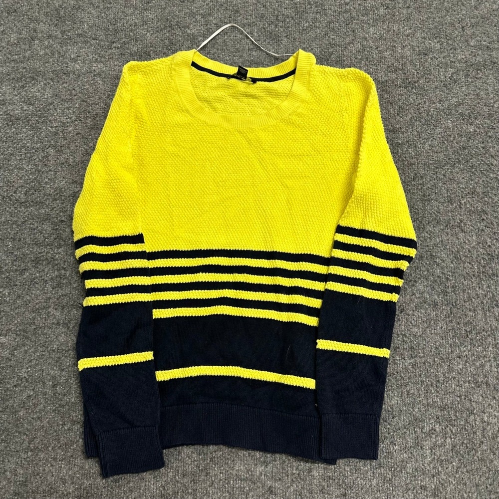 Tommy Hilfiger Sweater Womens S Yellow Navy Blue Striped Cotton Knit Crewneck